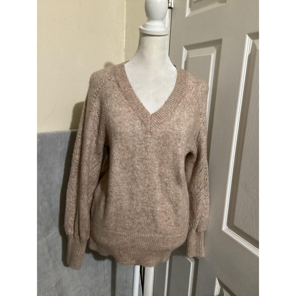 Elie Tahari Sweater Womens XS Beige Tan V Neck Pointelle Knit Pullover